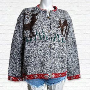 VINTAGE "Fun-Art" Deer and Buck Hand Knit Boxy Thick Sweater Size L
